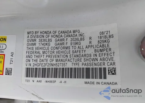 2022 Honda Civic Lx from USA, damaged, VIN 2HGFE2F25NH527357